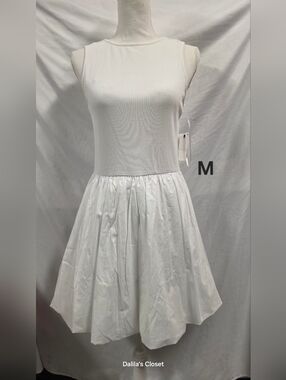 Leith White Ribbed Bodice Fit-and-Flare Mini Dress